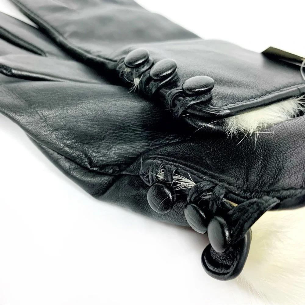 Sleek Black Authentic Leather Gloves With Real Off White Fur Lined Cuffs